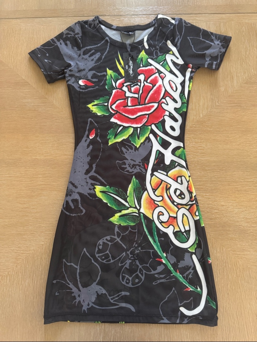 Ed Hardy Black Mini Dress with Red Rose and Green Leaves New